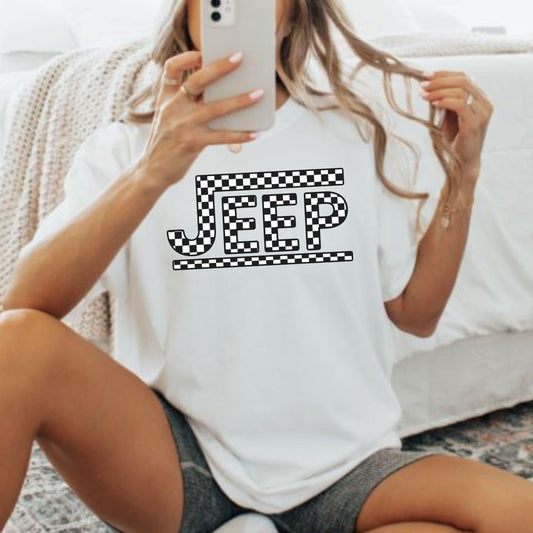 Retro Checkered Jeep Graphic T-Shirt