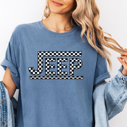 Retro Checkered Jeep Graphic T-Shirt