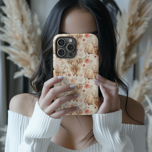Floral Highland Cow Phone Case iPhone 16 15 14 13 12 Pro Max
