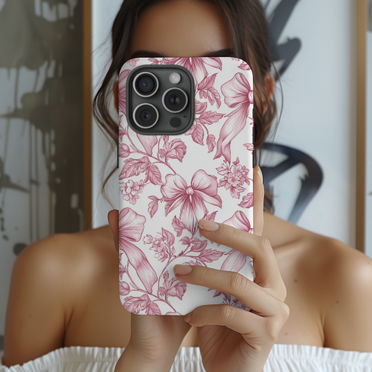 Pink Toile Coquette Phone Case, Mag Safe Compatible, Tough Magnetic Case